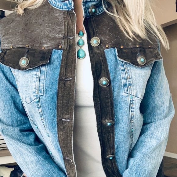 Vintage western Diane Gilman suede rodeo cowgirl button up denim jacket - Picture 4 of 8